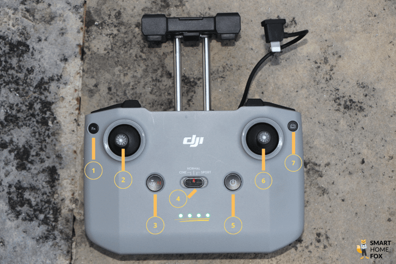 Die Vorderseite der DJI RC-N1 Fernsteuerung im Test, die Tasten und Bedienelemente sind nummeriert.